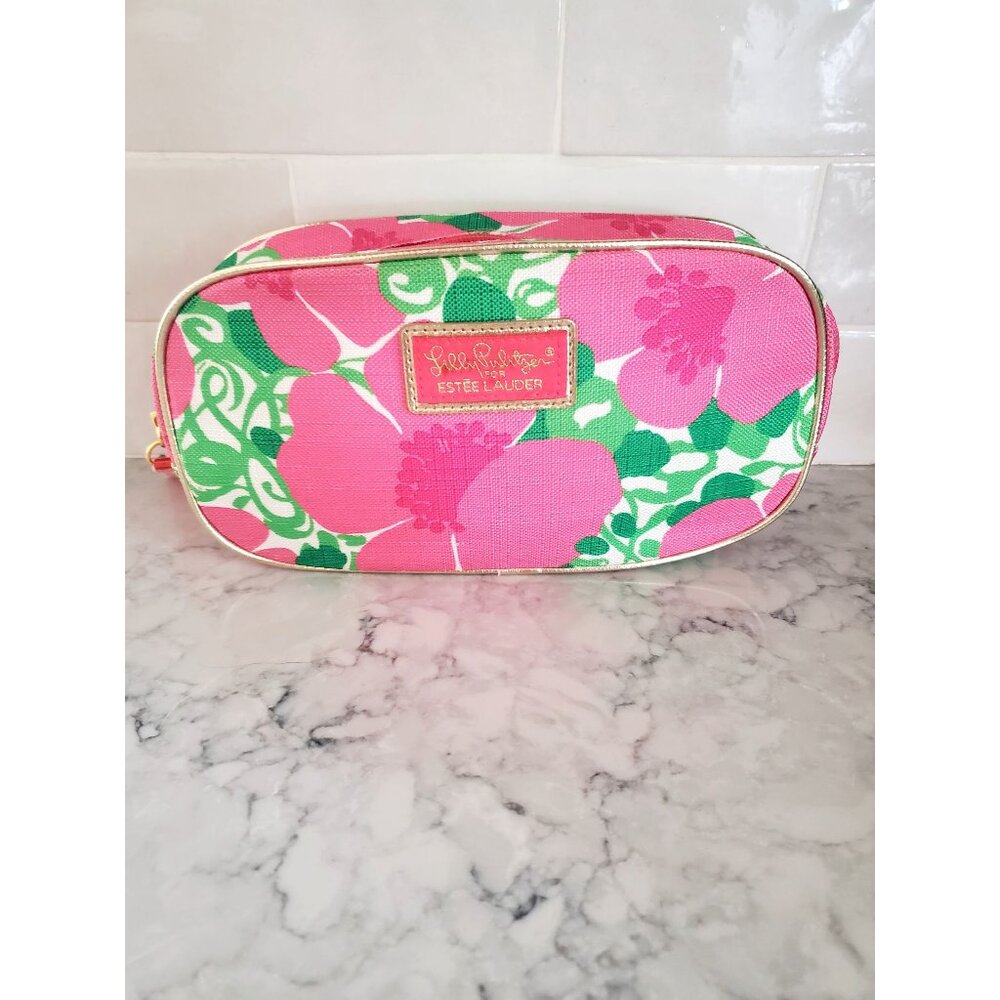 Lilly Pulitzer For Estee Lauder Floral Cosmetic Bag With Pink & Green Design